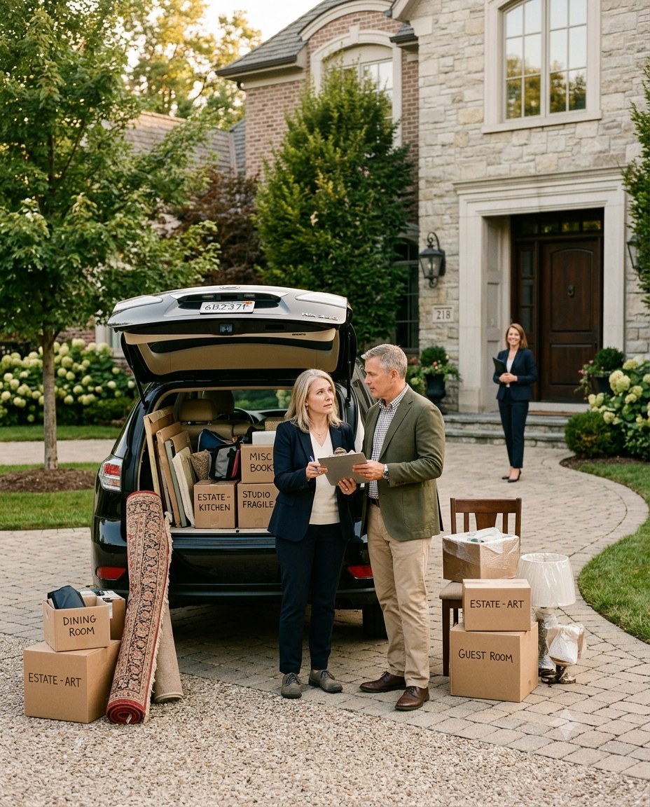 An adult son and daughter standing beside a car full of boxes outside their parents' home, unsure where to start