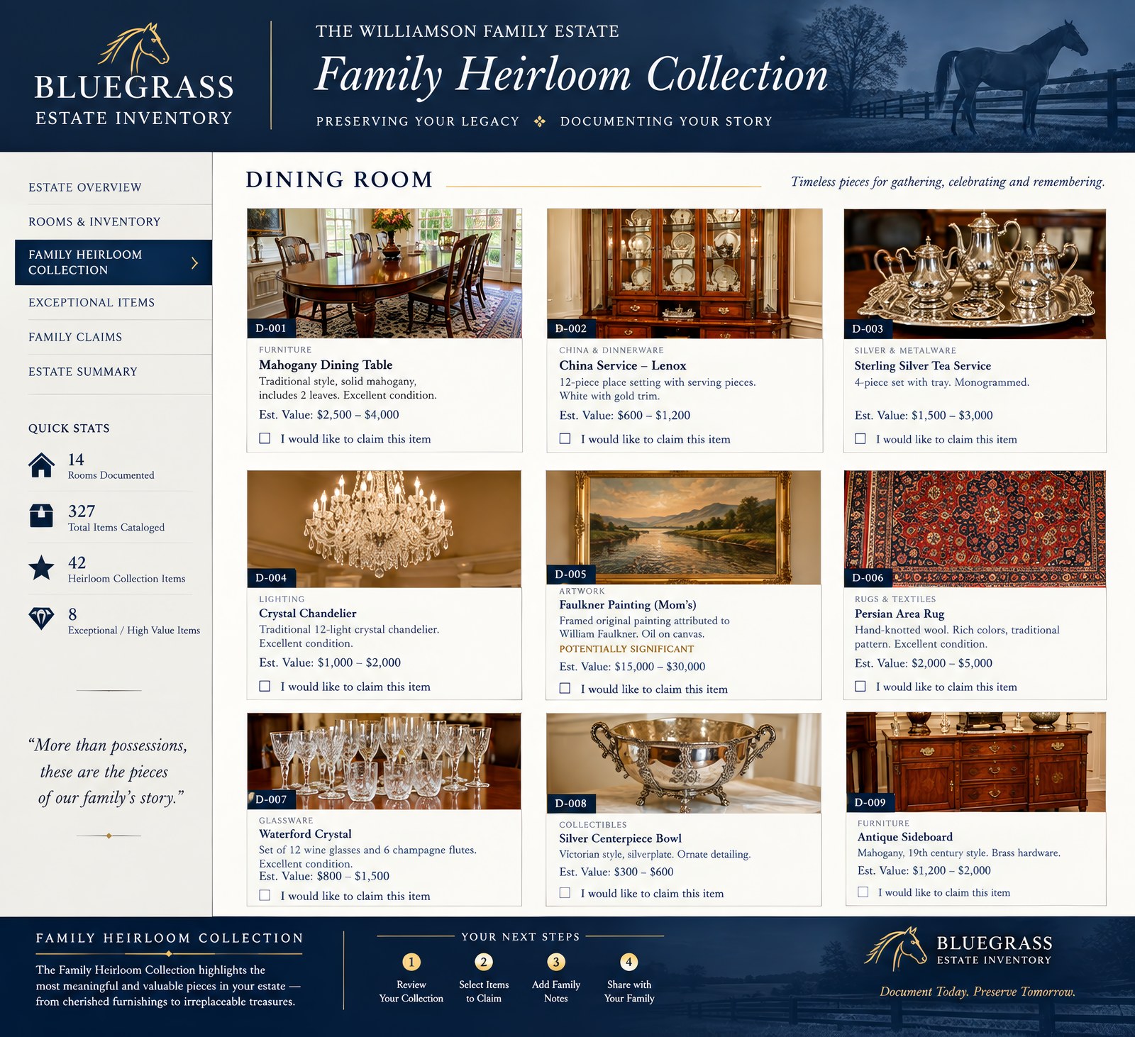 A sample Bluegrass Estate Inventory family portal page showing a documented heirloom collection, organized room by room with photos and item details